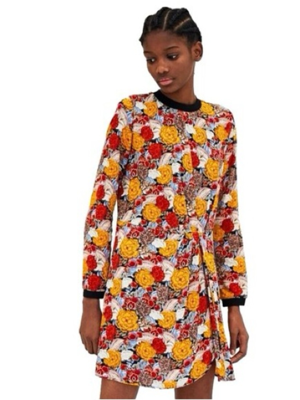 Zara Long-Sleeve Floral Shift Dress in Yellow, Red & White